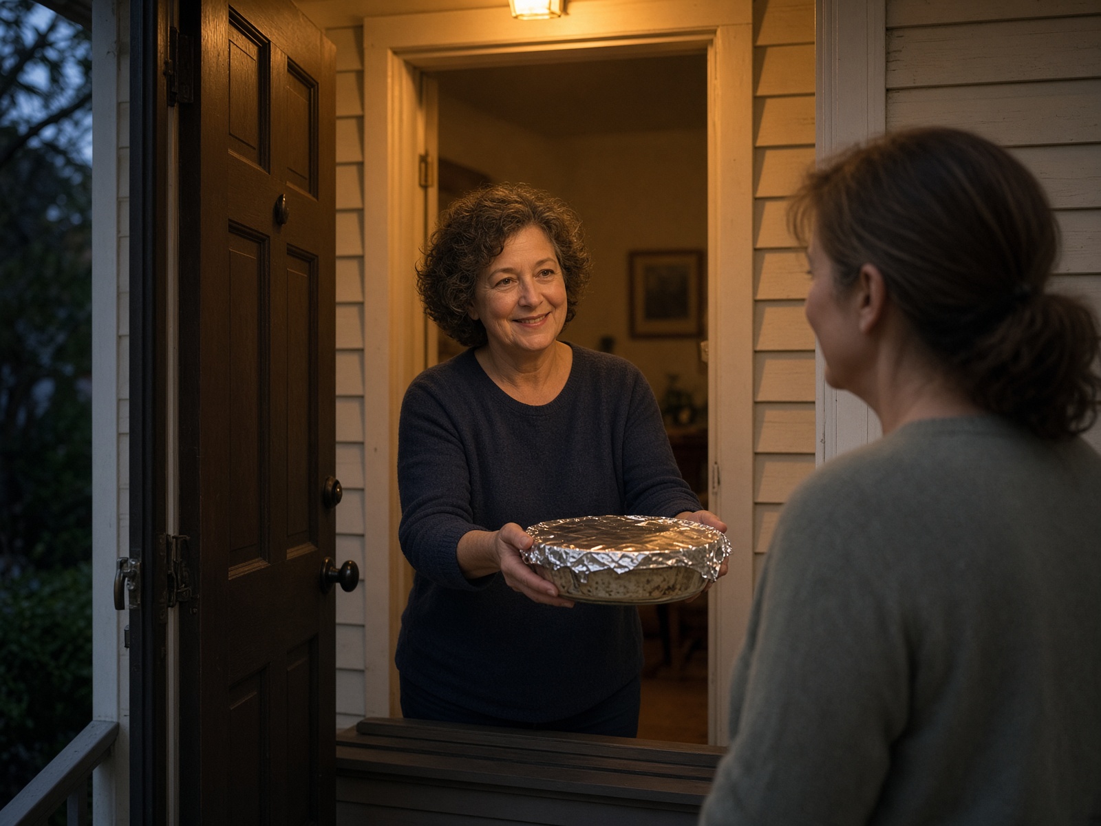A neighbor handing a covered meal through an open front door