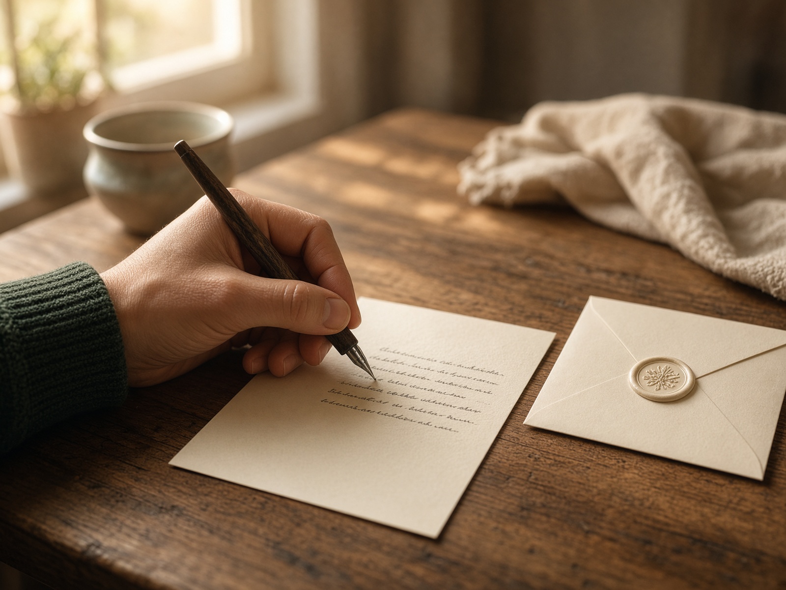 A handwritten note on cream paper at a kitchen table