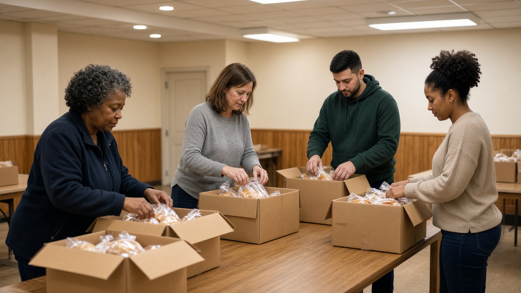 People packing food boxes together in a fellowship hall