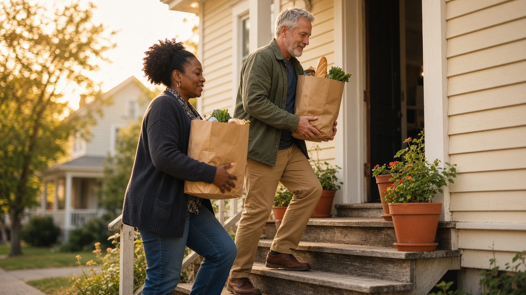 Neighbors carrying groceries up the porch steps